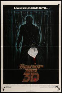 5j400 FRIDAY THE 13th PART 3 - 3D 1sh '82 slasher sequel, art of Jason stabbing through shower!