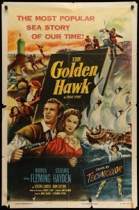 5j436 GOLDEN HAWK 1sh '52 art of pretty Rhonda Fleming & swashbuckling Sterling Hayden!