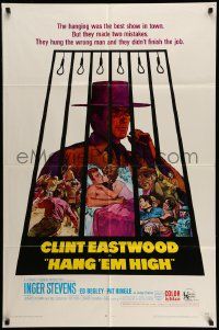 5j473 HANG 'EM HIGH 1sh '68 Clint Eastwood, they hung the wrong man, great art by Sandy Kossin!