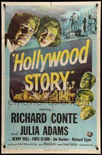 5j495 HOLLYWOOD STORY 1sh '51 William Castle directed, art of Richard Conte & Julie Adams!