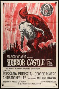 5j499 HORROR CASTLE 1sh '64 Where the Blood Flows, cool art of cloaked figure carrying girl!