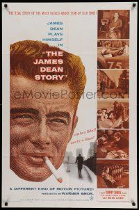 5j543 JAMES DEAN STORY 1sh '57 cool close up smoking artwork, was he a Rebel or a Giant?