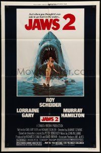 5j545 JAWS 2 1sh '78 great classic art of giant shark attacking girl on water skis by Lou Feck!