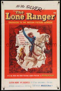 5j587 LONE RANGER 1sh '56 cool art of Clayton Moore & Silver leaping out of the poster!