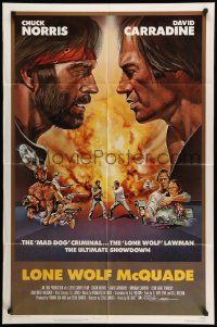 5j589 LONE WOLF McQUADE 1sh '83 great face off art of Chuck Norris & David Carradine by CW Taylor!