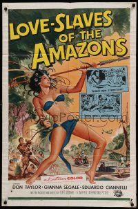 5j604 LOVE-SLAVES OF THE AMAZONS 1sh '57 art of sexy barely-dressed female native throwing spear!