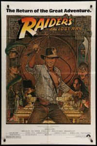 5j737 RAIDERS OF THE LOST ARK 1sh R80s great art of adventurer Harrison Ford by Richard Amsel!