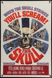 5j804 SKULL 1sh '65 Peter Cushing, Christopher Lee, cool horror artwork of creepy skull!