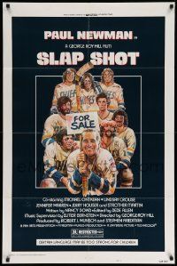 5j805 SLAP SHOT style A 1sh '77 Paul Newman hockey sports classic, great cast portrait art by Craig