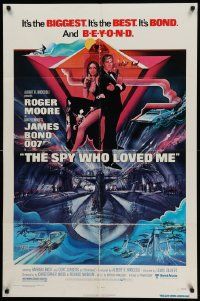 5j829 SPY WHO LOVED ME 1sh '77 cool art of Roger Moore as James Bond by Bob Peak!