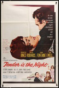 5j879 TENDER IS THE NIGHT 1sh '61 romantic c/u of Jennifer Jones & Jason Robards Jr. in Paris!