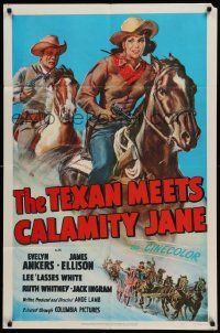 5j885 TEXAN MEETS CALAMITY JANE 1sh '50 art of cowgirl Evelyn Ankers & James Ellison on horseback!