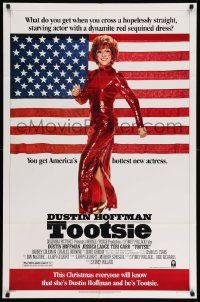 5j909 TOOTSIE advance 1sh '82 great full-length image of Dustin Hoffman in drag by American flag!
