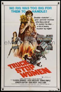 5j917 TRUCK STOP WOMEN 1sh '74 no rig was too big for sexy Claudia Jennings, Smith art!