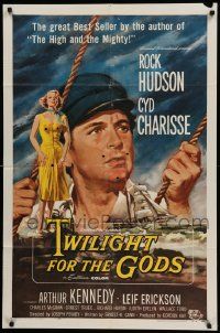 5j921 TWILIGHT FOR THE GODS 1sh '58 great artwork of Rock Hudson & sexy Cyd Charisse on beach!