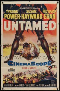5j929 UNTAMED 1sh '55 cool art of Tyrone Power & Susan Hayward in Africa with natives!