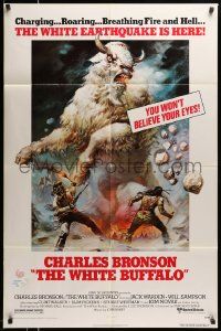 5j970 WHITE BUFFALO 1sh '77 Charles Bronson, great Boris Vallejo action art of giant buffalo!