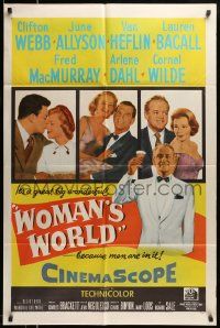 5j981 WOMAN'S WORLD 1sh '54 June Allyson, Clifton Webb, Van Heflin, Lauren Bacall, Arlene Dahl!