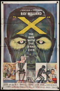 5j985 X: THE MAN WITH THE X-RAY EYES 1sh '63 Ray Milland strips souls & bodies, cool art!