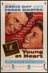 5j993 YOUNG AT HEART 1sh '54 great close up image of Doris Day & Frank Sinatra!