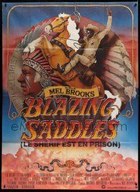 5p681 BLAZING SADDLES French 1p '75 classic Mel Brooks western, art of Cleavon Little on horse!