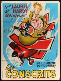5p752 FLYING DEUCES yellow title French 1p R50s Seguin art of Stan Laurel & Oliver Hardy in plane!