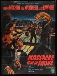 5p898 RAMPAGE French 1p '64 different Mascii art of Mitchum & Martinelli on rooftop with leopard!