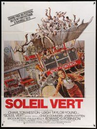 5p934 SOYLENT GREEN French 1p '74 art of Charlton Heston escaping riot control by John Solie!