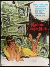 5p990 WHAT A WAY TO GO French 1p '64 Tealdi art of sexy Shirley MacLaine, Newman, Mitchum & Martin
