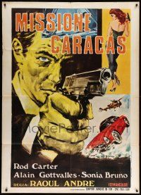 5p214 MISSION TO CARACAS Italian 1p '65 great Stefano art of spy Rod Carter & sexy woman!