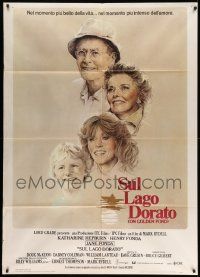 5p224 ON GOLDEN POND Italian 1p '82 art of Katharine Hepburn & Henry Fonda by Charles DeMar!
