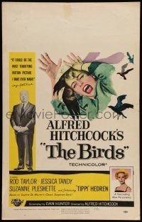 5p331 BIRDS WC '63 Alfred Hitchcock, Tippi Hedren, classic art of attacking avians!