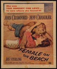 5p399 FEMALE ON THE BEACH WC '55 romantic art of Joan Crawford embracing Jeff Chandler!