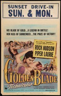 5p417 GOLDEN BLADE WC '53 romantic art of Rock Hudson kissing sexy Piper Laurie!