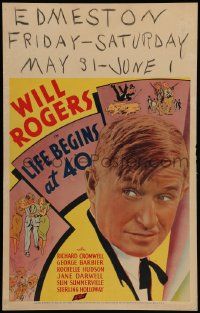 5p453 LIFE BEGINS AT 40 WC '35 close up of newspaper editor Will Rogers with montage cartoon art!