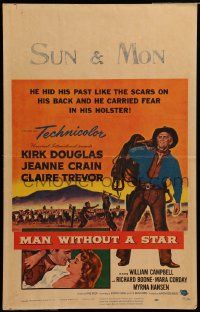 5p469 MAN WITHOUT A STAR WC '55 art of cowboy Kirk Douglas carrying saddle, Jeanne Crain