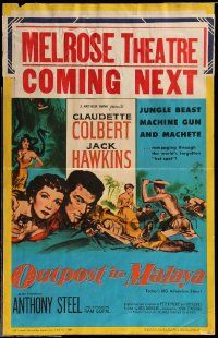 5p501 OUTPOST IN MALAYA WC '52 Claudette Colbert, Jack Hawkins, jungle beast machine gun & machete!