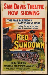 5p522 RED SUNDOWN WC '56 great western art of Rory Calhoun, Martha Hyer & Dean Jagger!