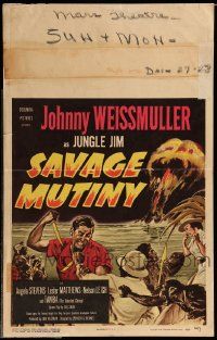 5p540 SAVAGE MUTINY WC '53 art of Johnny Weissmuller as Jungle Jim fighting island natives!