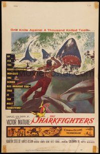 5p547 SHARKFIGHTERS WC '56 cool art of man with one knife against a thousand knifed teeth!