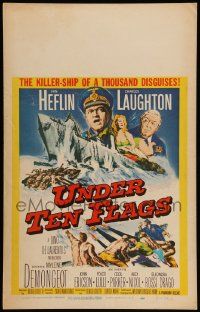 5p587 UNDER TEN FLAGS WC '60 art of Van Heflin, Charles Laughton & sexy Mylene Demongeot!