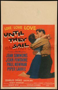 5p591 UNTIL THEY SAIL WC '57 Paul Newman kissing sexy Jean Simmons, from James Michener story!