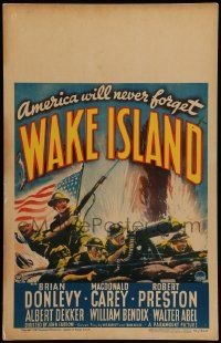 5p598 WAKE ISLAND WC '42 great partriotic art of soldiers by Old Glory, America will never forget!