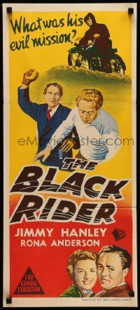 5r390 BLACK RIDER Aust daybill '54 English crime, Jimmy Hanley, what was his evil mission?