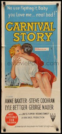 5r408 CARNIVAL STORY Aust daybill '54 sexy Anne Baxter held by Steve Cochran who she loves bad!