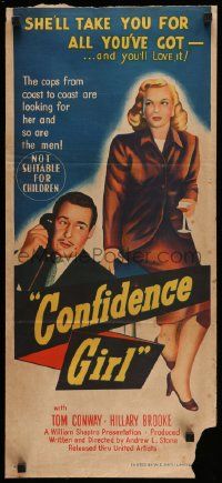 5r421 CONFIDENCE GIRL Aust daybill '52 Hillary Brooke wants to take Tom Conway for all he's got!