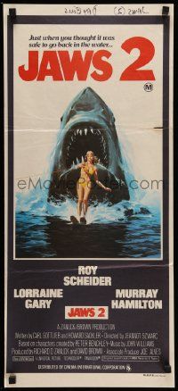 5r496 JAWS 2 Aust daybill '78 art of giant shark attacking girl on water skis by Lou Feck!