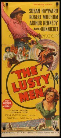 5r515 LUSTY MEN Aust daybill '52 art of Robert Mitchum with sexy Susan Hayward & riding on bull!