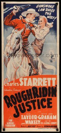 5r560 ROUGH RIDIN' JUSTICE Aust daybill '44 art of Charles Starrett saving pretty Betty Jane Graham!
