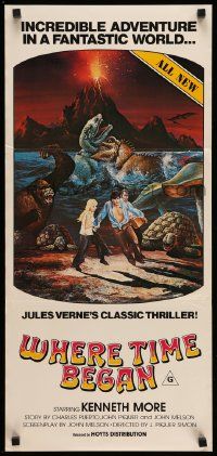 5r592 WHERE TIME BEGAN Aust daybill '76 Jules Verne, art of stars running from gigantic monsters!